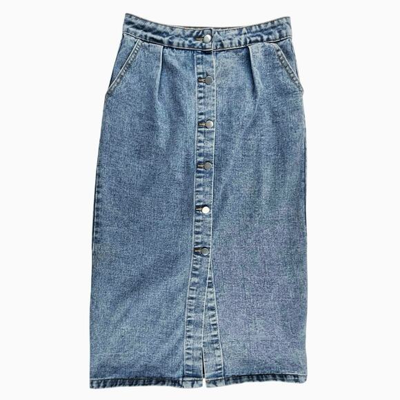 PHOEBE | Vintage S Medium Wash Button Down Denim Midi Maxi Winter Skirt Pockets - Picture 1 of 5